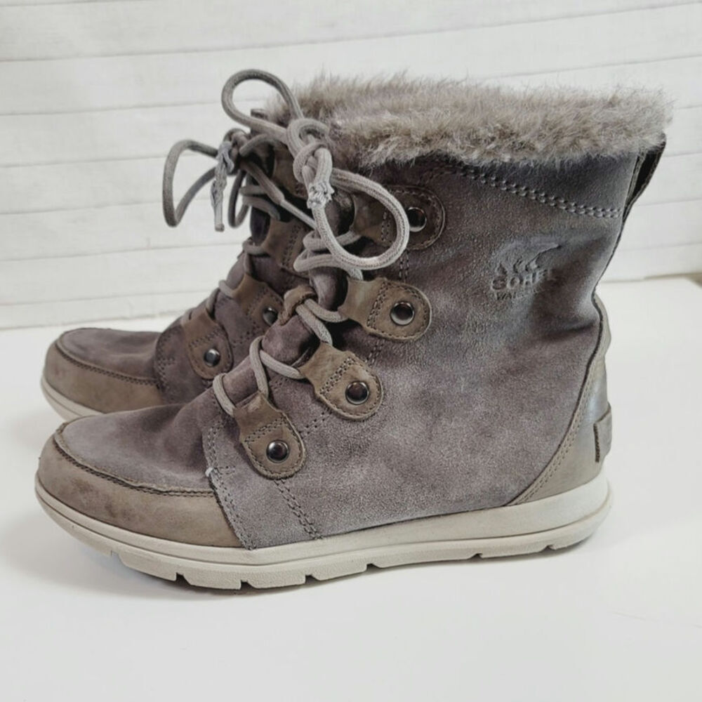 Sorel Explorer Joan Shearling Waterproof Suede Leather Bootie in Gray, sz 9.5